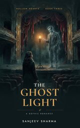 Cover of The Ghost Light: a woman in the aisle of a shuttered theater, a ghostly man on the stage beside one burning bulb.