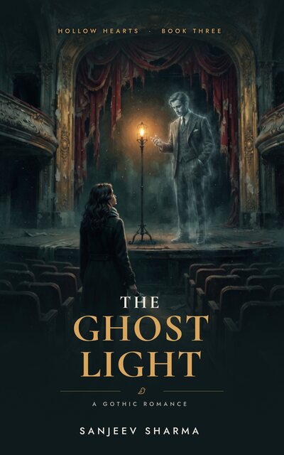 Cover of The Ghost Light: a woman in the aisle of a shuttered theater, a ghostly man on the stage beside one burning bulb.