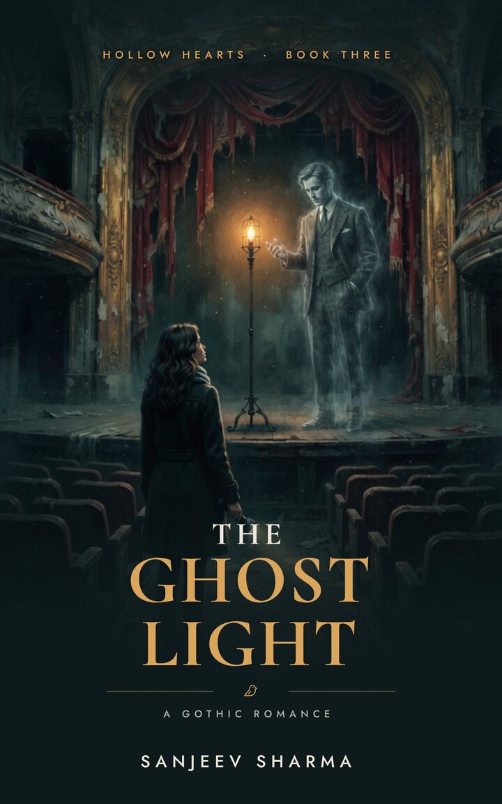 Cover of The Ghost Light: a woman in the aisle of a shuttered theater, a ghostly man on the stage beside one burning bulb.