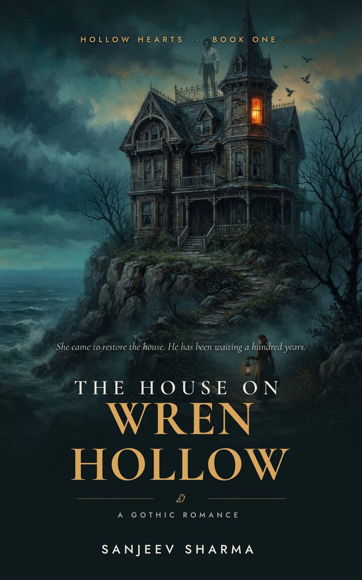 Cover of The House on Wren Hollow: a Victorian house on a sea cliff at dusk, one lit window.