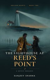 Cover of The Lighthouse at Reed’s Point: a lighthouse in fog, a man in a yellow oilskin holding a lantern.