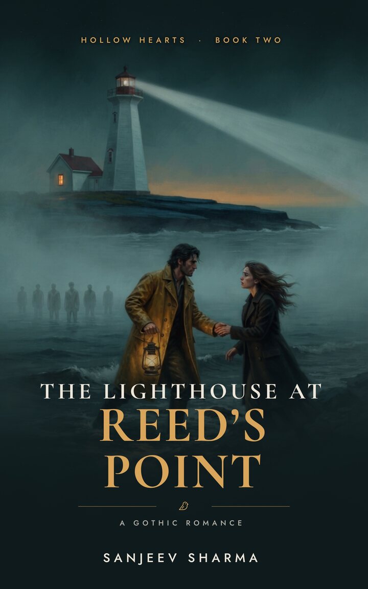 Cover of The Lighthouse at Reed’s Point: a lighthouse in fog, a man in a yellow oilskin holding a lantern.
